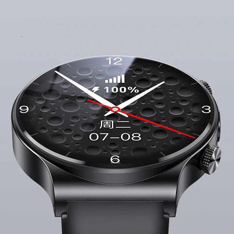 Black or white video smart watch with 1.28-inch display on wrist, showing time and notifications.