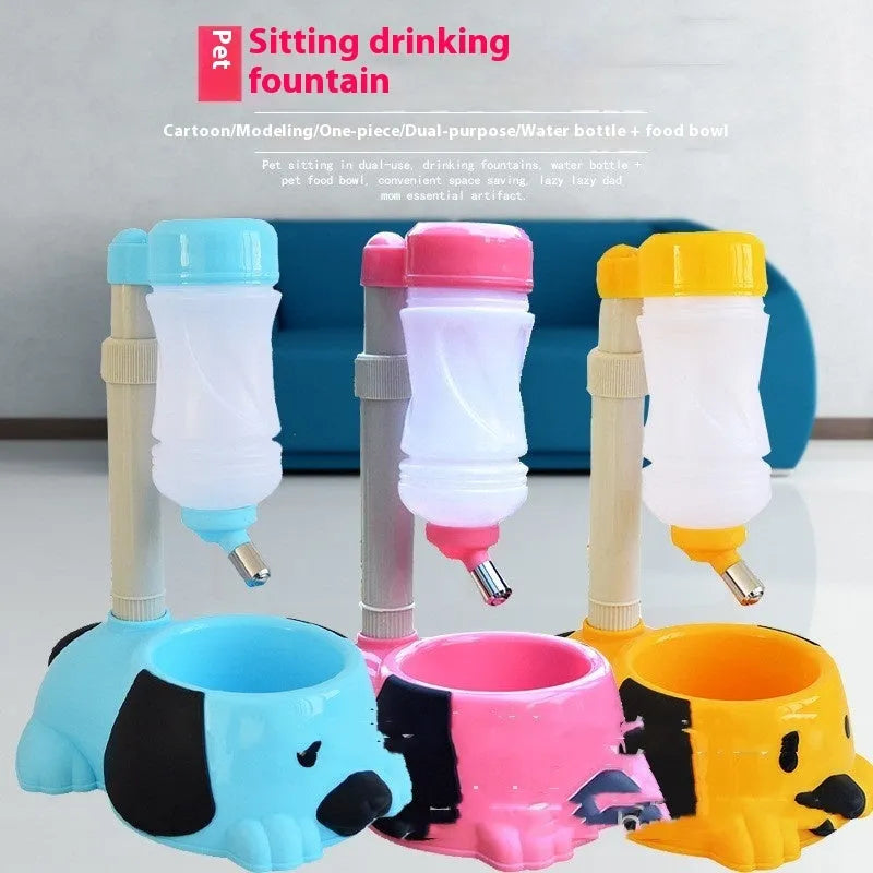 Adjustable pet drinking bowl with rod lifting mechanism in blue colour showing height adjustment