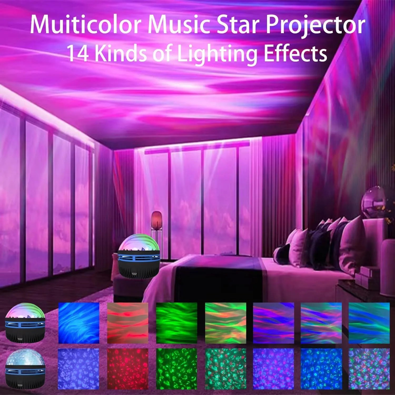 Silver LED galaxy projector lamp with acrylic shade on a table, showing starry light projection on a blue wall.