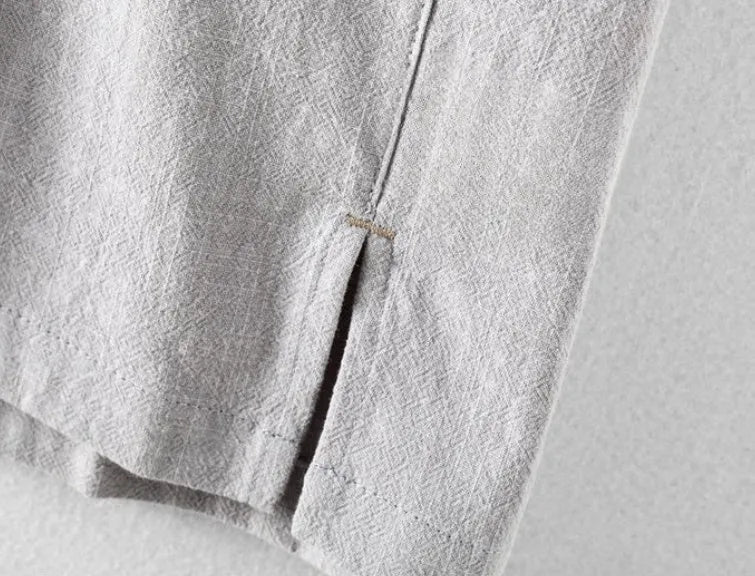 Men's loose fit button-up shirt in linen blend fabric, shown in milky white, navy blue, light grey, and sky blue.