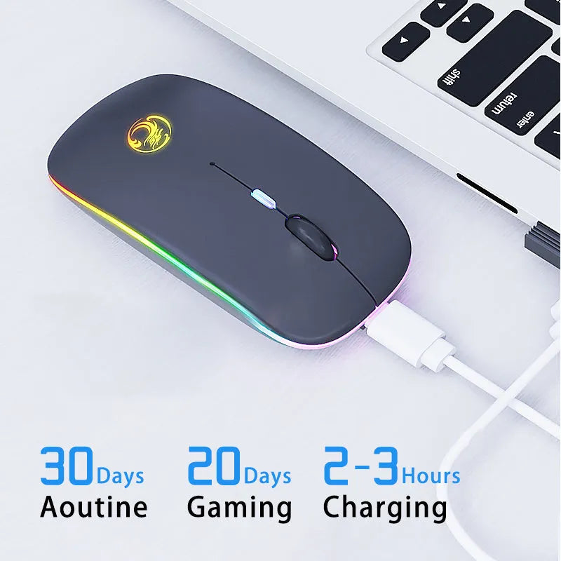 Black or white dual-mode wireless silent mouse with a scroll wheel and charging port.