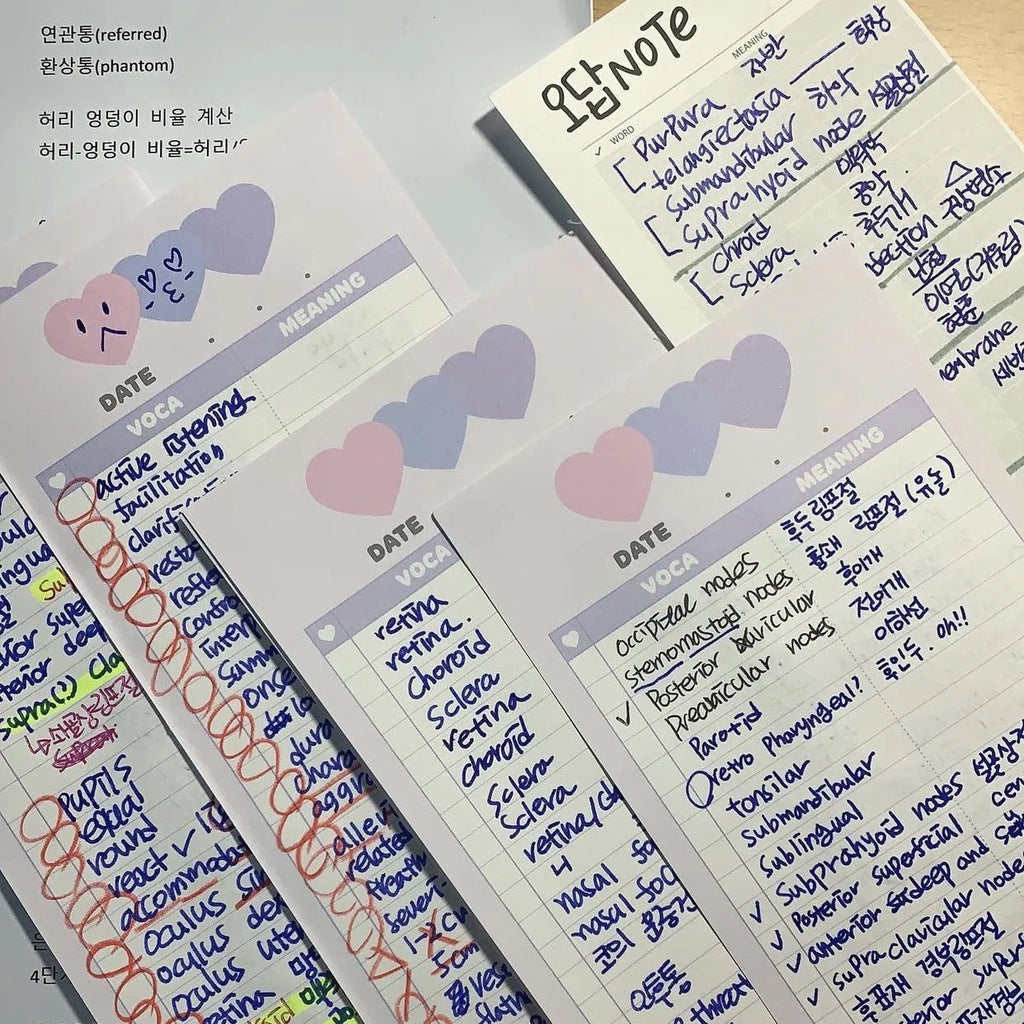 Half B5 vertical notepad in pink, purple or blue cover measuring 9.1 by 25.7 cm with 30 sheets
