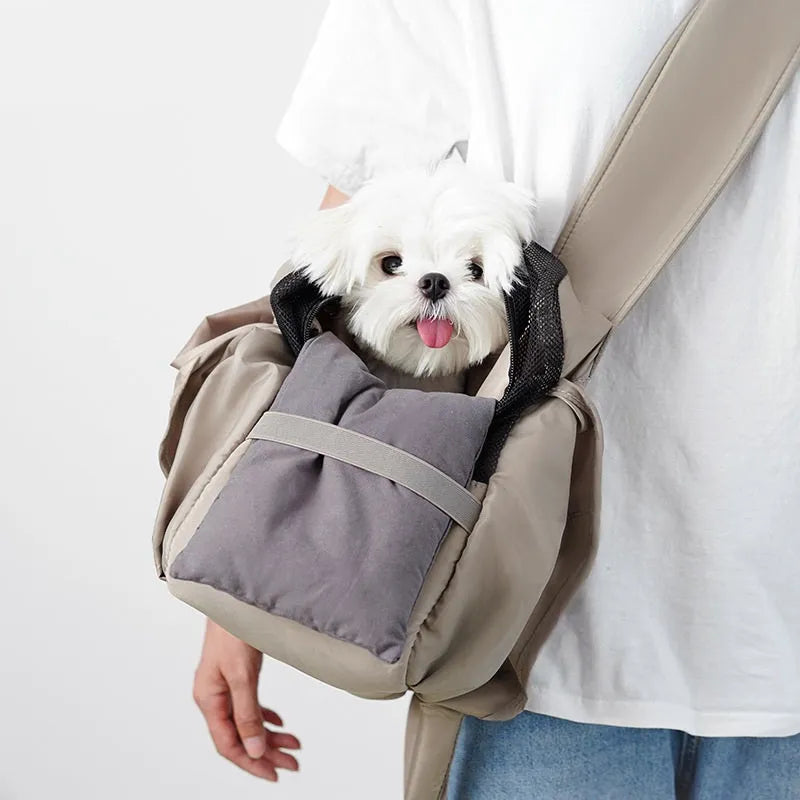 Apricot cloth pet handbag with medium 41cm by 16cm by 28cm dimensions for dogs and cats