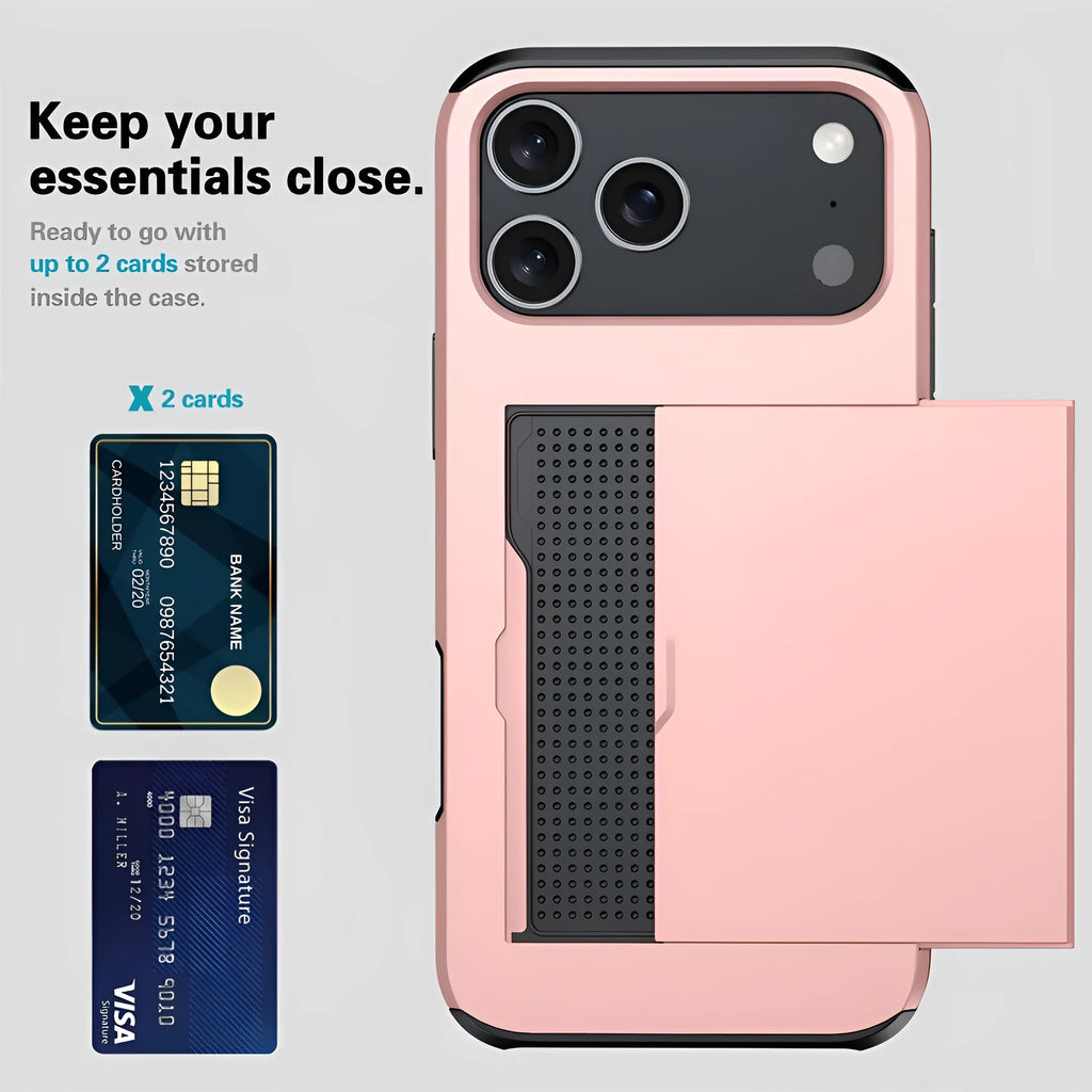 Apple iPhone phone case with sliding card cover in Army Green colour showing card slot
