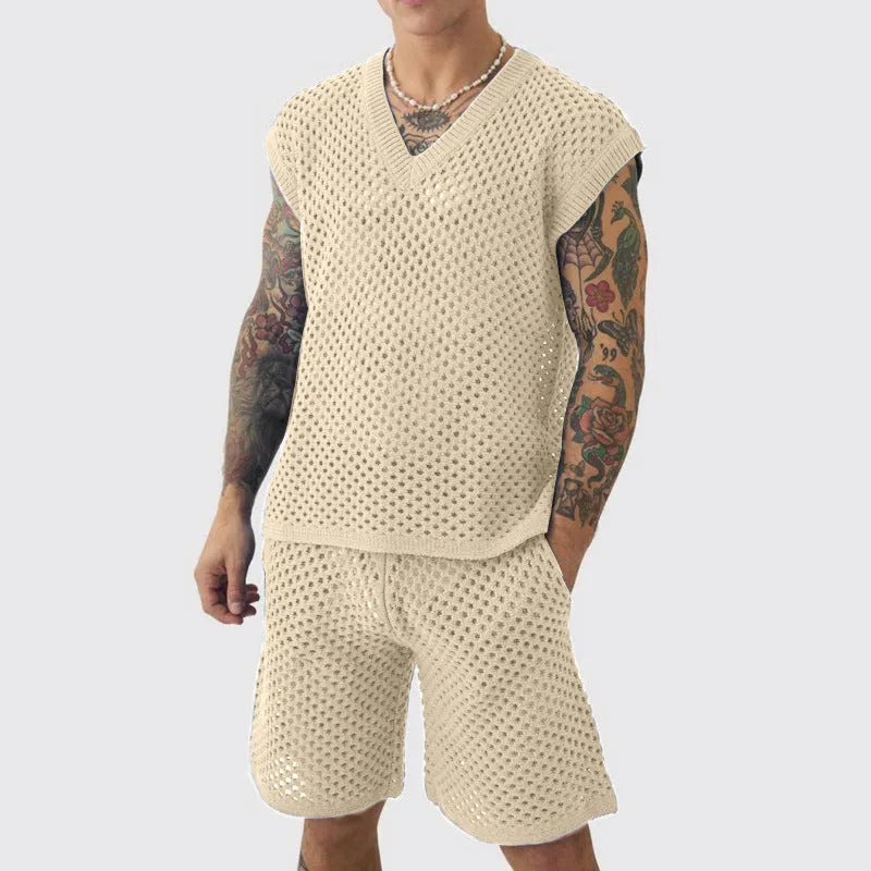 Men's blue V-neck vest and matching shorts sports suit set on hanger
