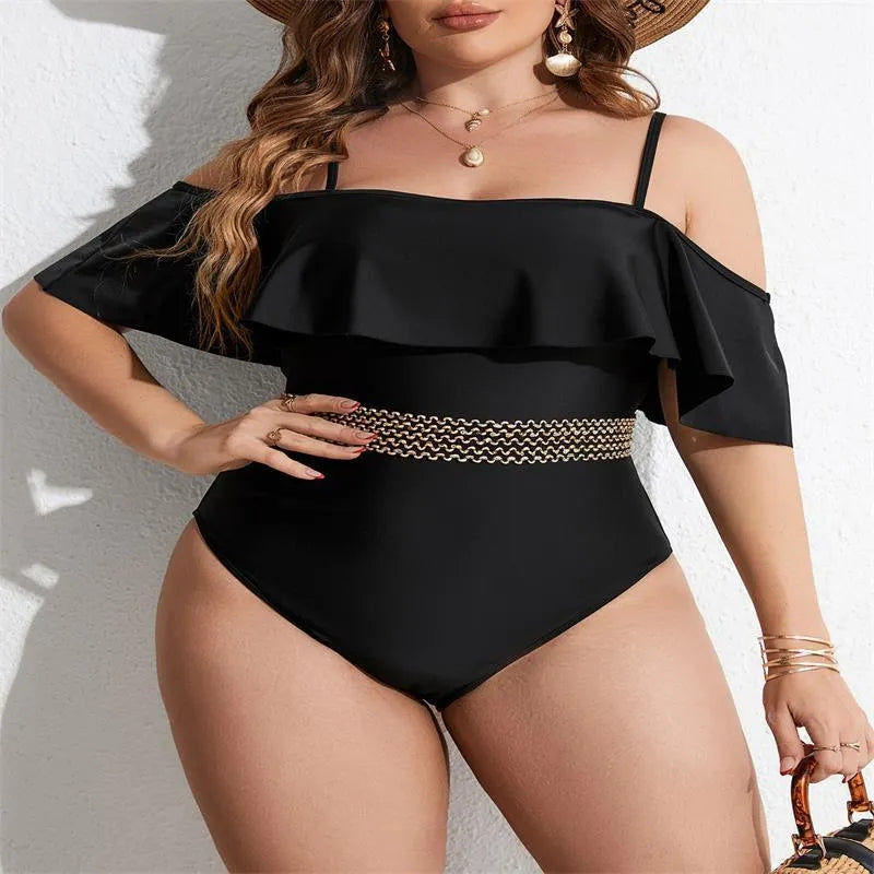 Black solid colour one-piece swimsuit for women on a mannequin