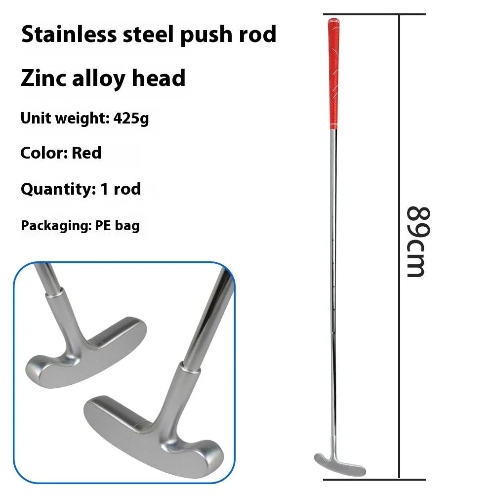Stainless steel golf putting rod with pattern grip in black on a putting green