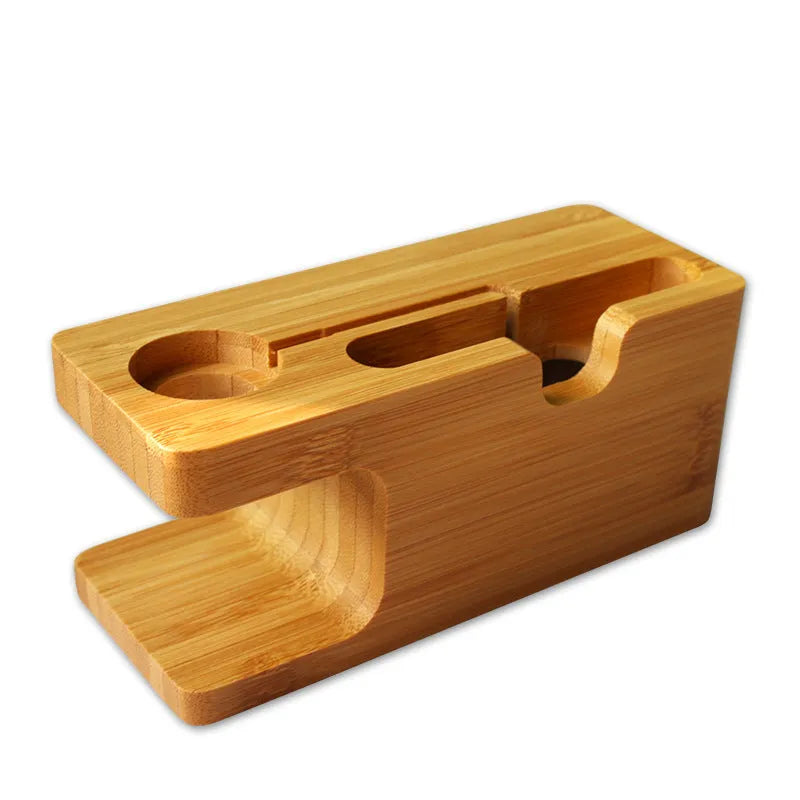 Bamboo carved phone and watch stand with decorative finish measuring 149mm