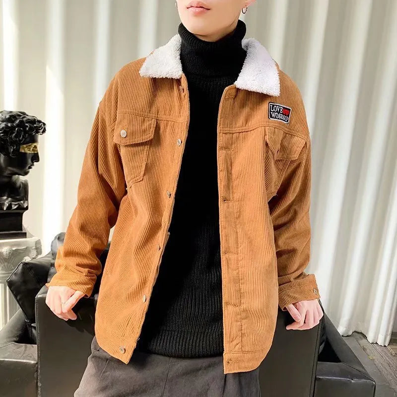 Men's corduroy work jacket in solid colour with regular sleeves and stick pockets