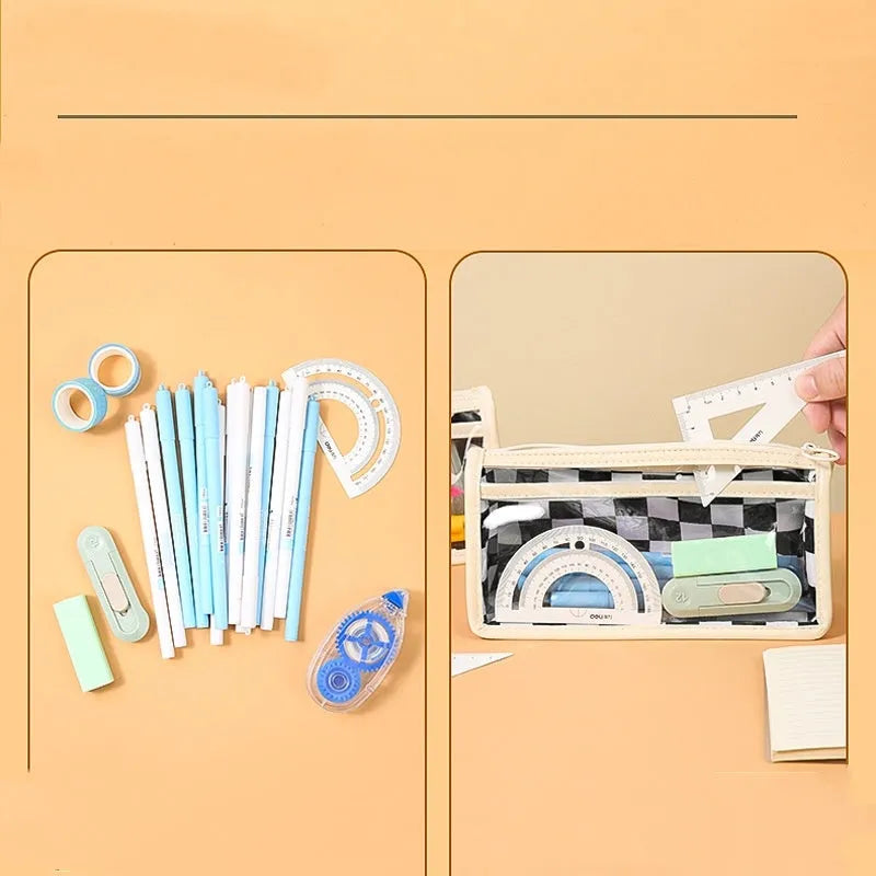 Transparent PVC pencil case with chessboard pattern, showing pens inside, dimensions 21.5cm by 8cm by 11.5cm