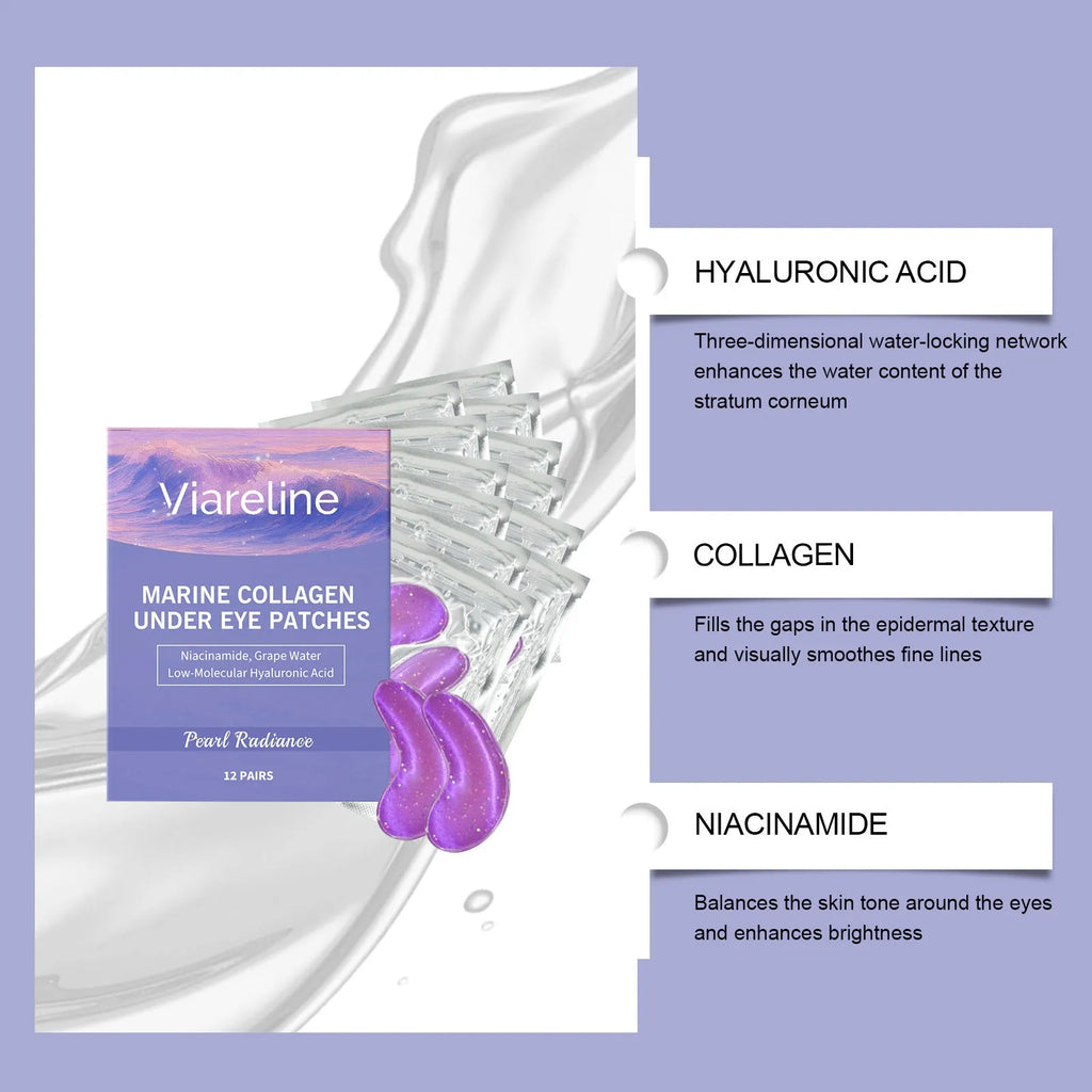 Pack of 12 collagen and hyaluronic acid gel eye masks for daily skincare.