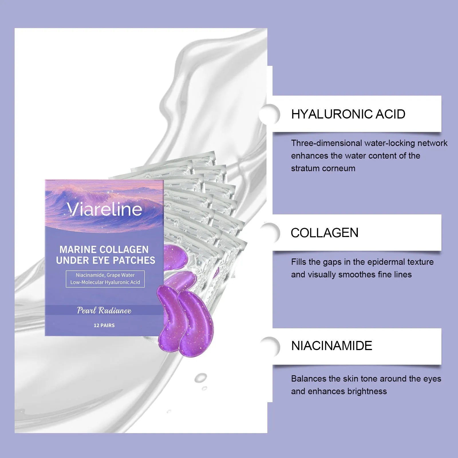 Pack of 12 collagen and hyaluronic acid gel eye masks for daily skincare.