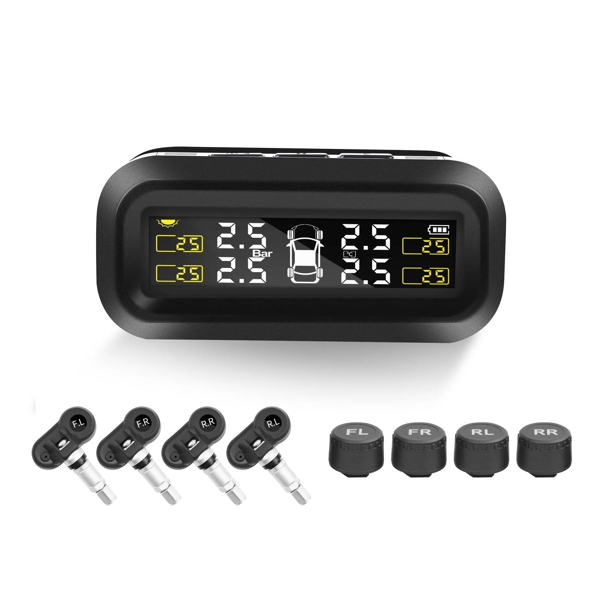 Solar wireless car tyre pressure monitor with colour screen display and four sensors