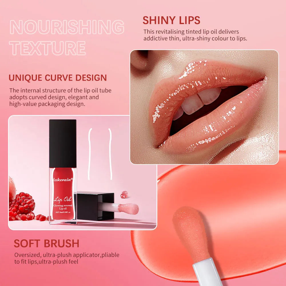 Glow Lip Gloss nourishing lip oil in 8ml bottle, shown in Coral, Clear, Honey, Jam, Pink, Red, and Rose colours.