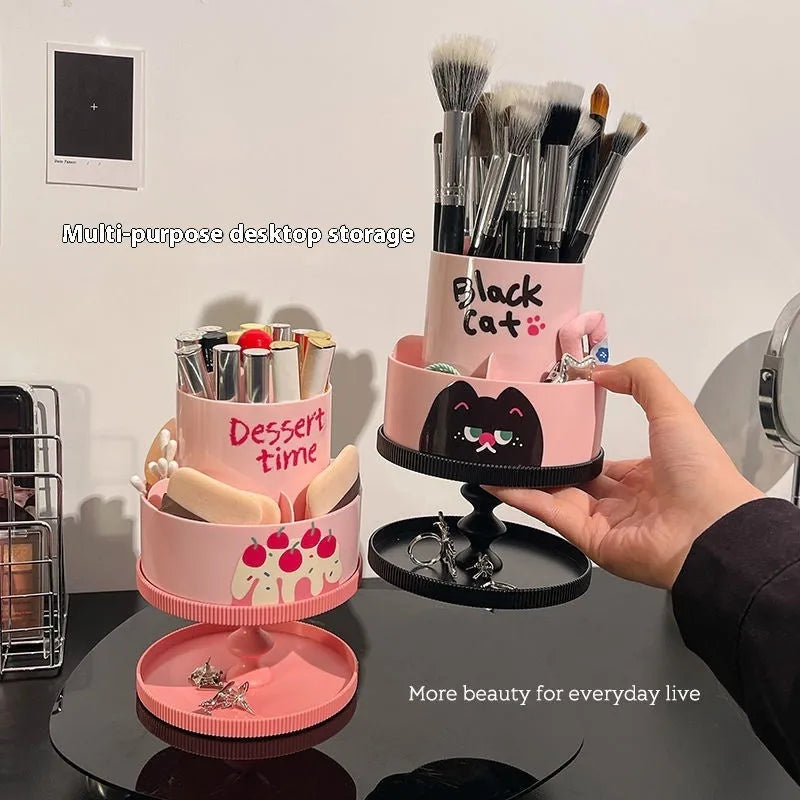 Rotating Japanese-style cosmetic brush storage barrel with 18L capacity in beige, shown with included rack.