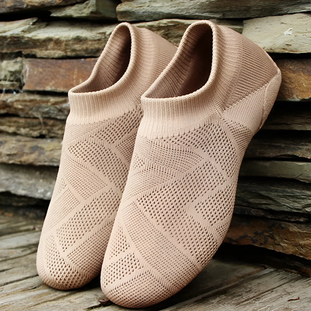 Camel coloured Latin dance shoes with cotton mesh upper and leather sole