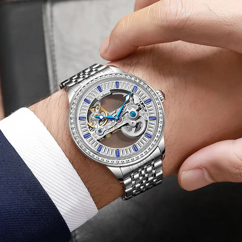 Men's luxury zircon mechanical watch with onion crown on a black leather strap, showing transparent case back.