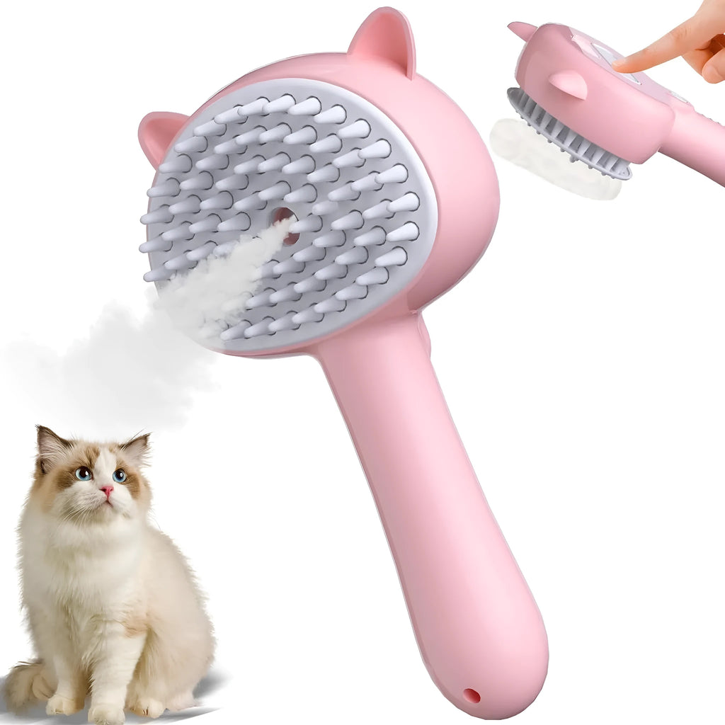 Blue cat steam brush with ergonomic handle and release button for pet grooming