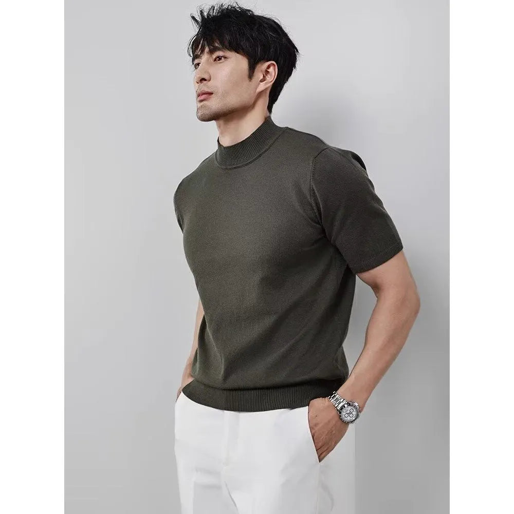 Men's ice silk half turtleneck solid colour slim fit pullover in green on a plain background