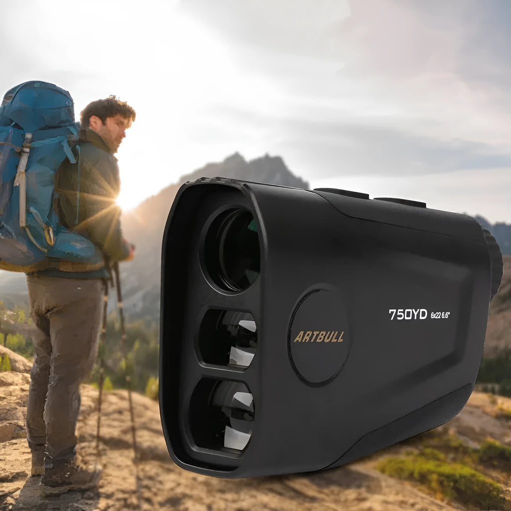 Golf laser rangefinder device showing LCD display with distance measurement and Type-C charging port