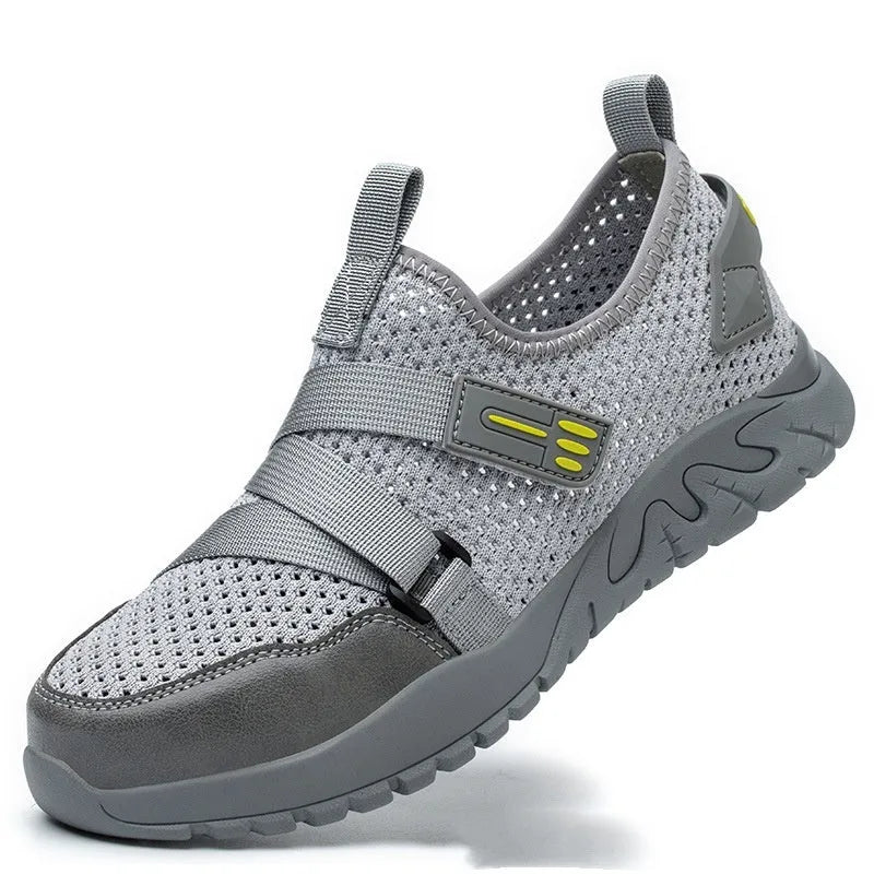 Men's grey anti-smash and anti-puncture insulation safety work shoe with a woven upper and rubber sole.