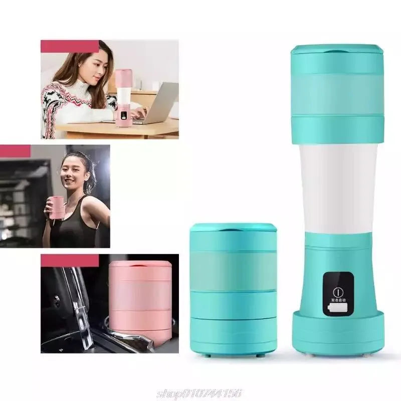 Blue mini portable blender with USB charging port and stainless steel blades, shown extended and collapsed.