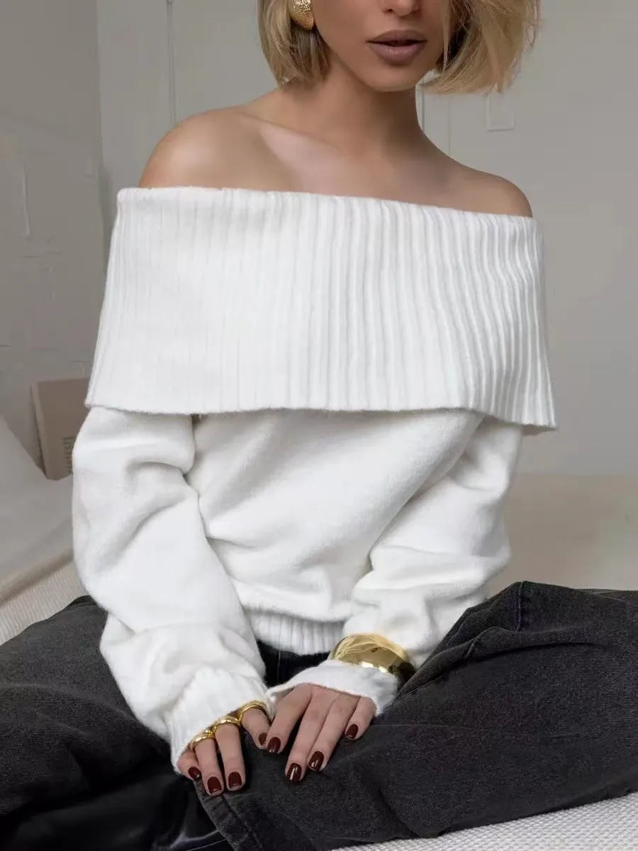 Off-the-shoulder women's sweater with 3D pattern in grey, white, or wine red colour options