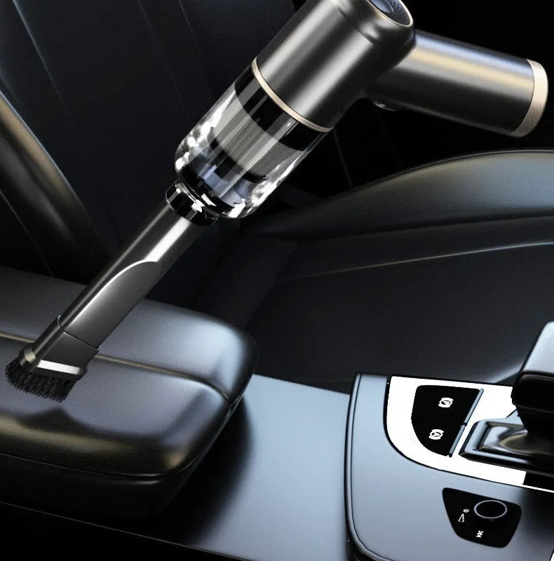 Black wireless handheld car vacuum cleaner with air pump function and multiple attachments