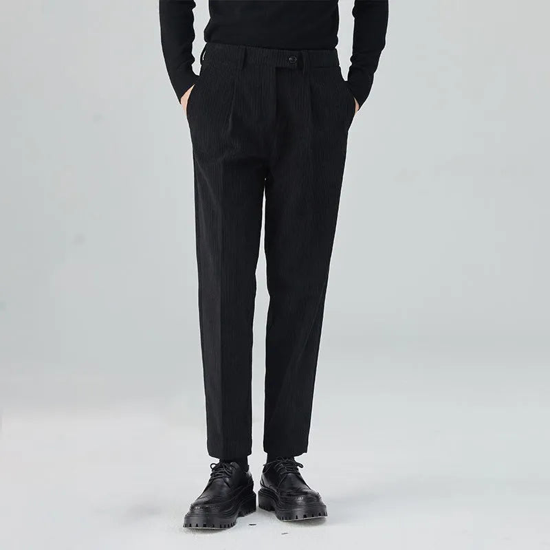 Men's straight-leg corduroy trousers in beige colour showing micro-elastic fabric and mid-waist design