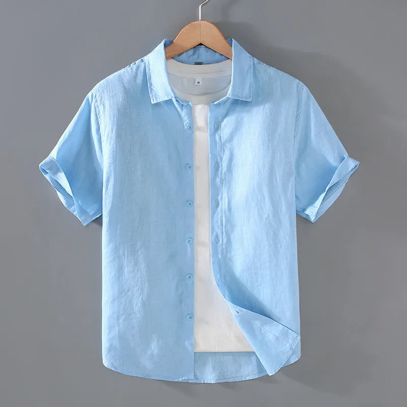 Men's youth casual short-sleeved linen shirt in a cardigan style, shown in one of seven available colours.