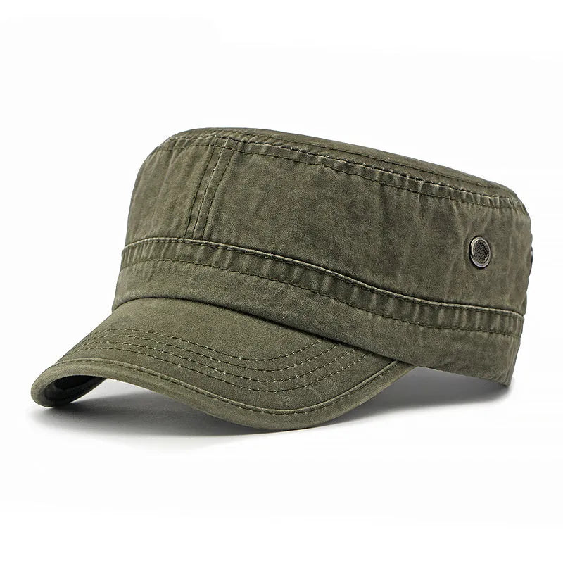 Flat top military cap in cotton fabric with adjustable sizing in four colour options