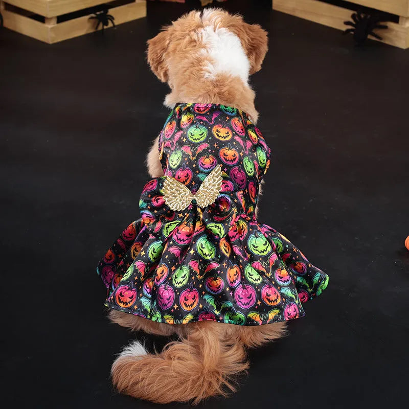 Halloween dog costume with angel wings in bright pumpkin or bat pattern for pet dress-up