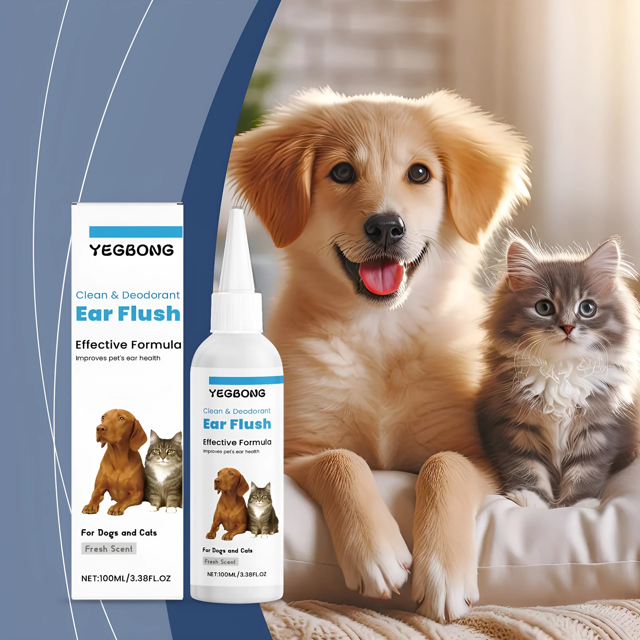 100ml bottle of ear cleaner for dogs and cats on a plain background.