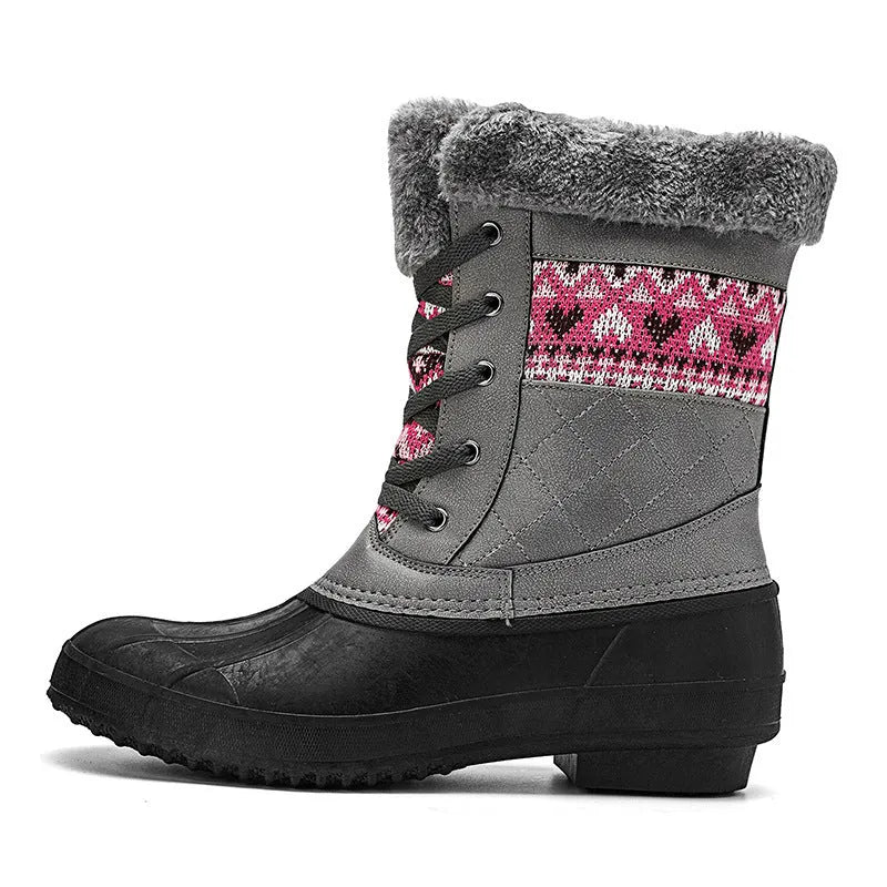 Women's winter high-top hiking shoes with velvet lining, non-slip rubber sole, in black colour block style