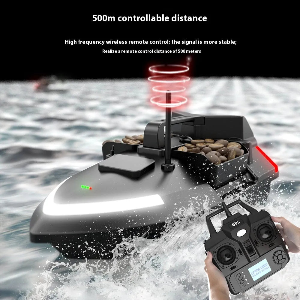 Black GPS remote control fishing boat with antenna and LED light on a calm lake.
