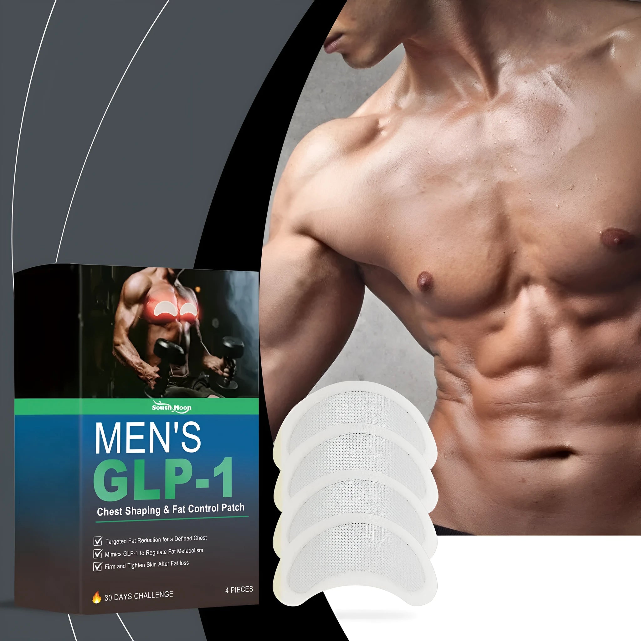 Pack of four thin men's figure control chest patches containing Mugwort, Ginger, and Centella Asiatica extracts.
