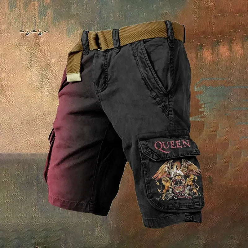 Man wearing black 3D digitally printed polyester shorts with a graphic pattern and zipper closure.