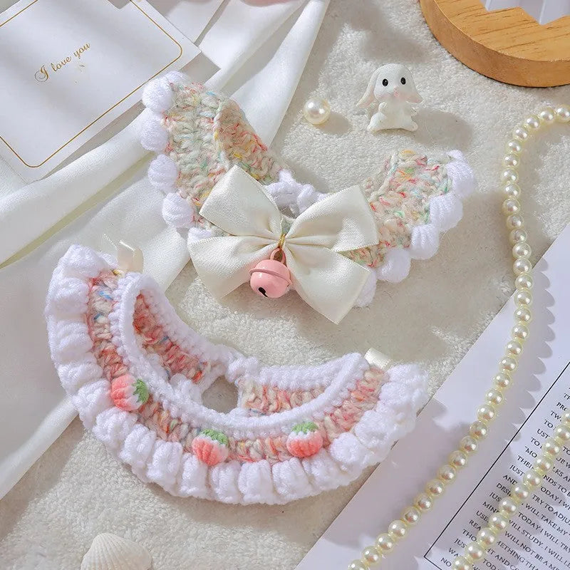 Handmade wool woven collar for British Shorthair kittens with embroidery cartoon design in pink bell bow colour