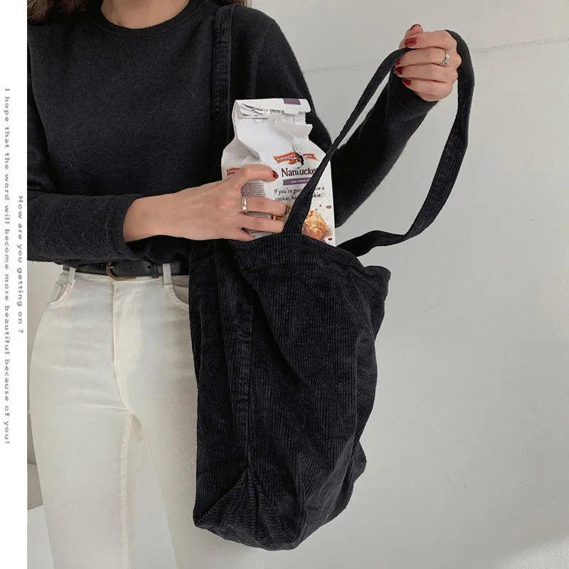 Corduroy shoulder tote bag large vertical square solid colour soft handle with pleated detail