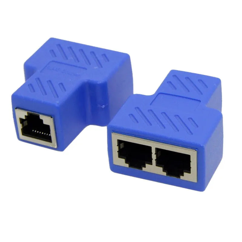 RJ45 network cable splitter tee adapter showing one male plug and two female ports in black plastic housing.