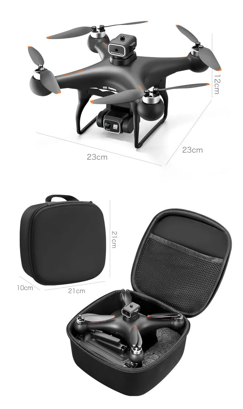 Black and white compact brushless drone with obstacle avoidance sensors and a dual camera system