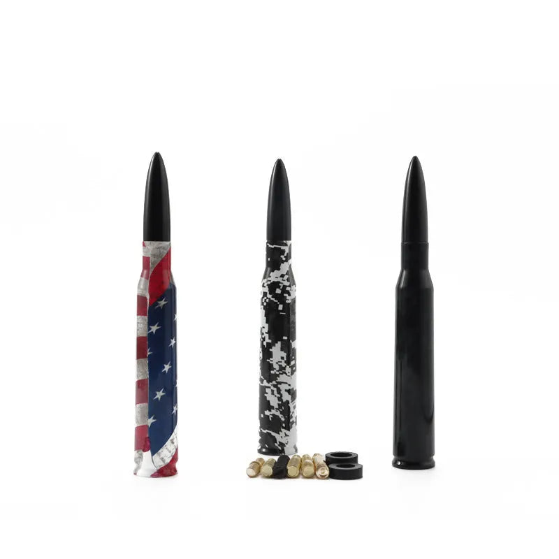 14cm bullet car antenna shown in camouflage green, black, and American flag colour options.