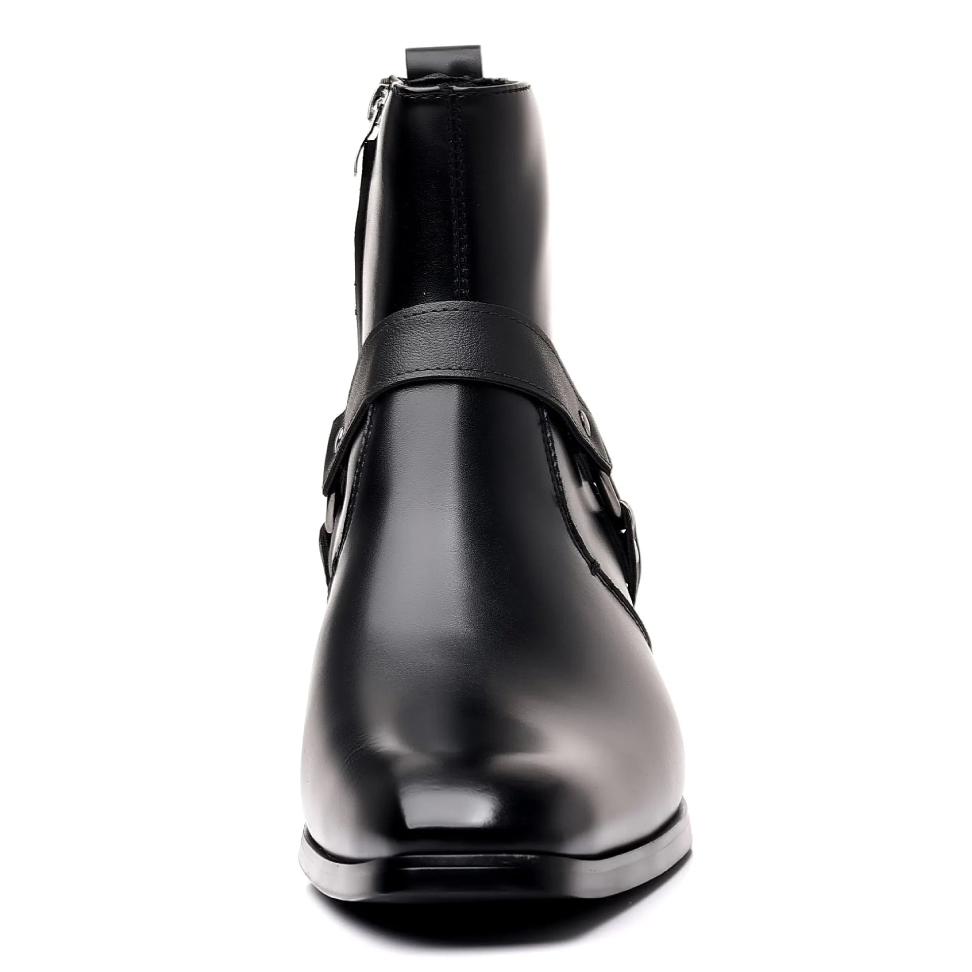 Black unisex mid-calf chain boots with side zipper, rivet details, and a square toe.