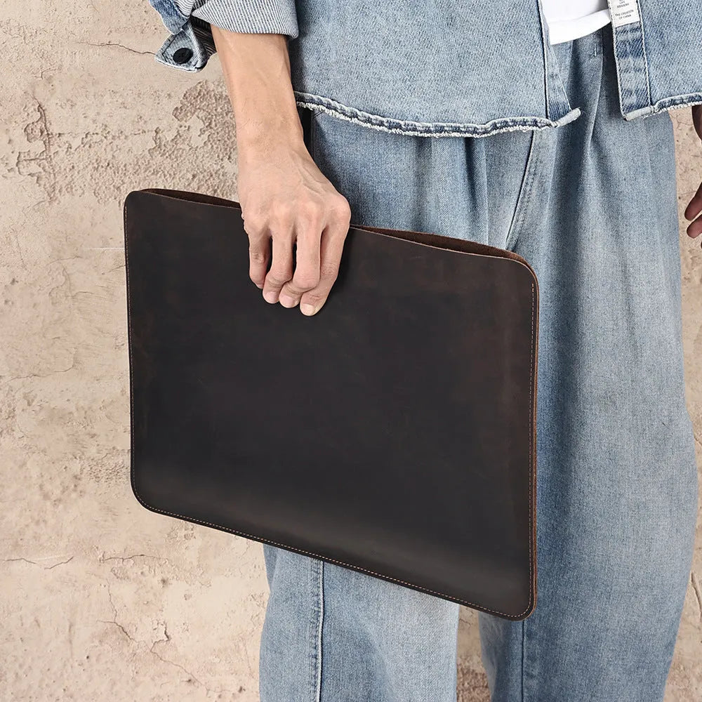 Genuine Crazy Horse leather computer liner bag in brown with horizontal design