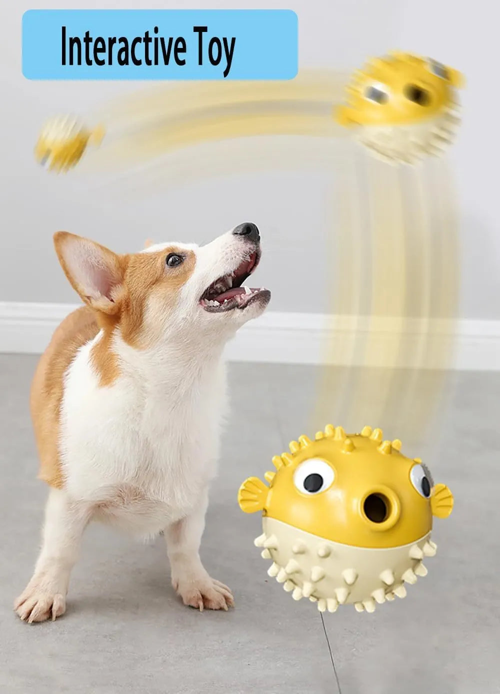 Green fish-shaped dog toy with treat dispensing opening and textured surface for dental cleaning