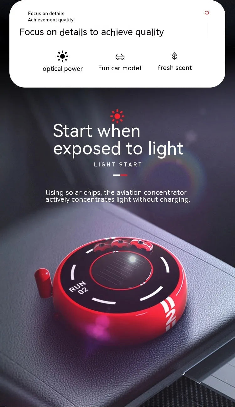 Solar-powered round car aromatherapy decoration with LED lights in black, red, and white colour options