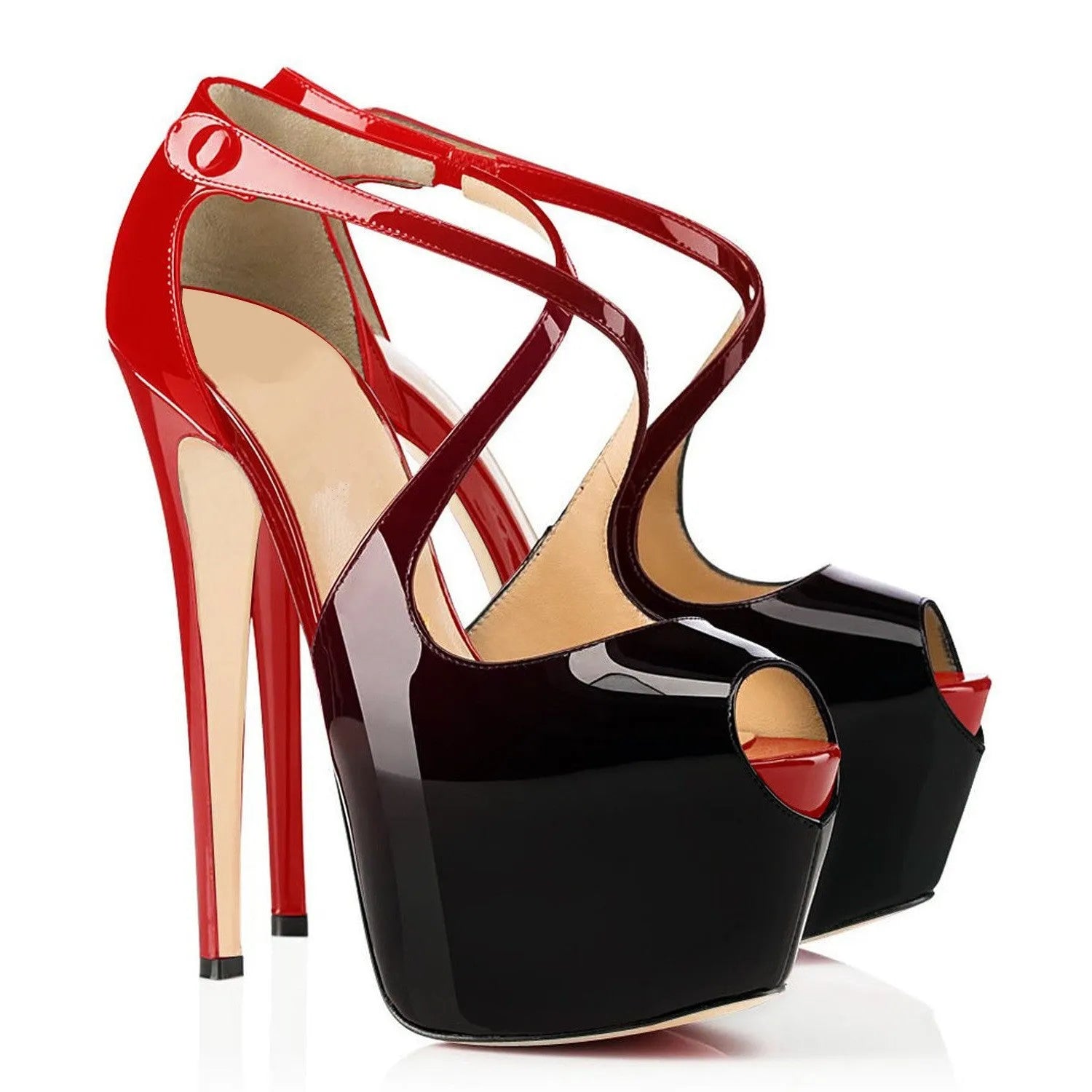 Black and red women's peep toe high heel shoes with cross strap design.