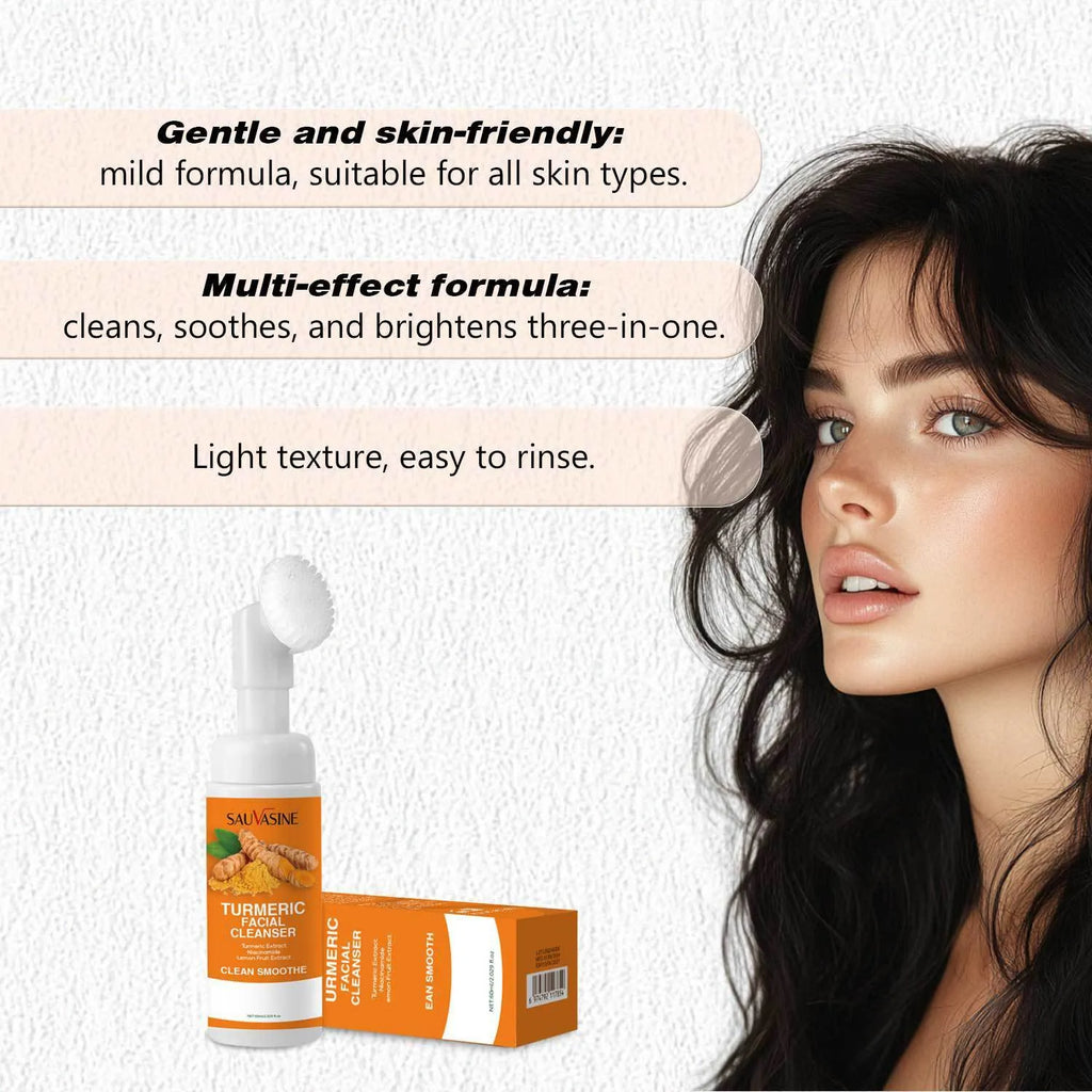 Turmeric facial cleanser 60ml bottle with yellow label and cap on white background