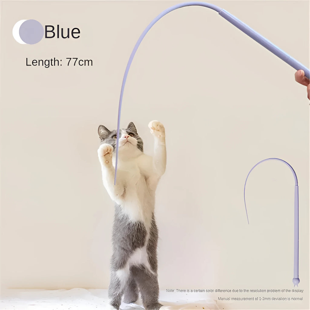 Blue simulated mouse tail cat teaser stick toy with silicone tail and ABS handle for interactive play