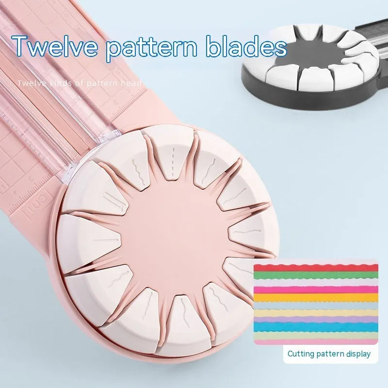 Plastic 12-in-1 paper cutting machine in pink or black colours with dotted cutting mechanism